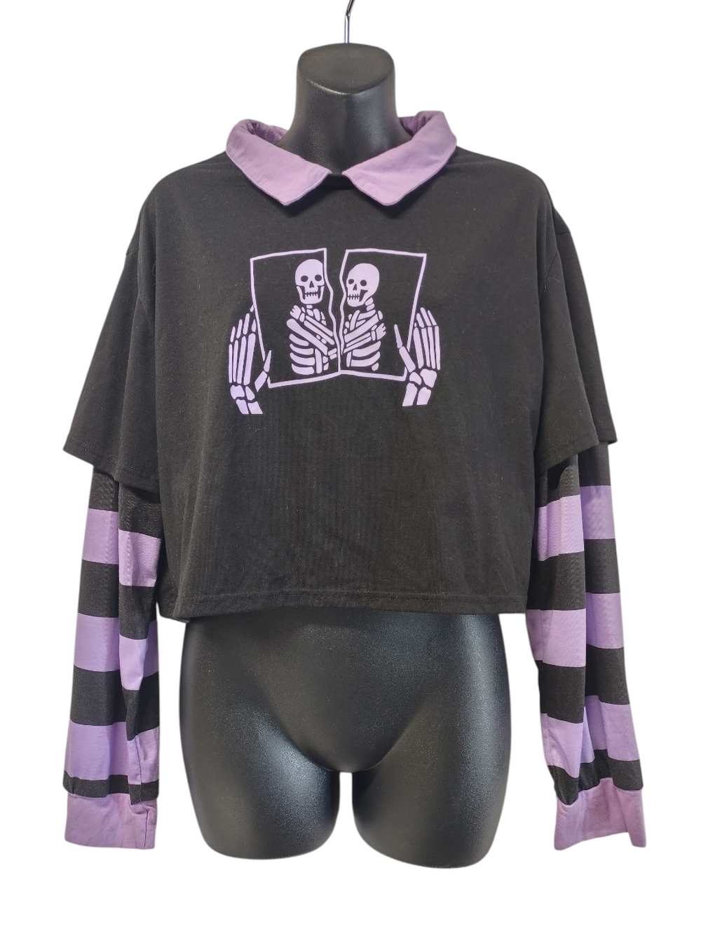 ROMWE Black Purple Skeleton Graphic Crop Top Striped Long Sleeves Collar Size M